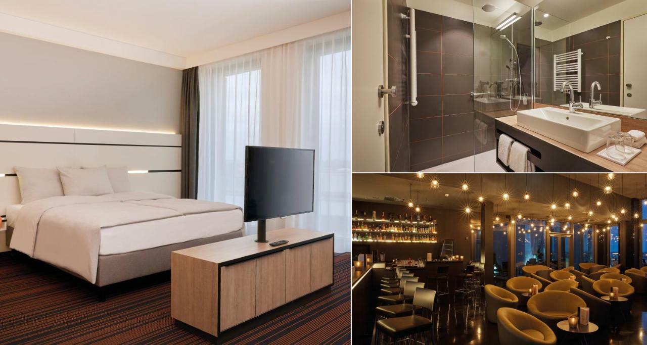 Hyperion Hotel Hamburk Exteriér fotografie The photo showcases a modern hotel environment. 

1. **Left Side**: A contemporary hotel room featuring a bed, a television on a wooden stand, and large windows letting in natural light. The design is sleek and minimalistic.

2. **Top Right**: A styl